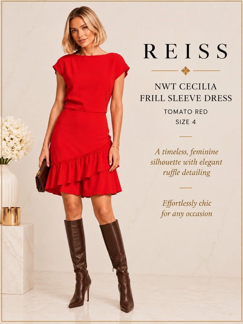 NWT Reiss Red Cecilia Sleeve Frill Detail Dress Size 4